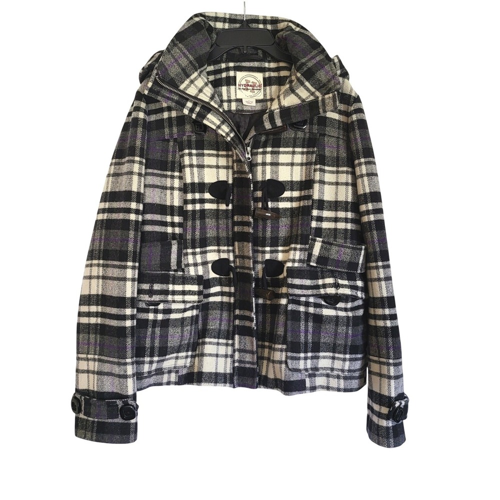 Hydraulic Women's Y2K Black Plaid Toggle Front Zip Hooded Pea Coat Large Vintage